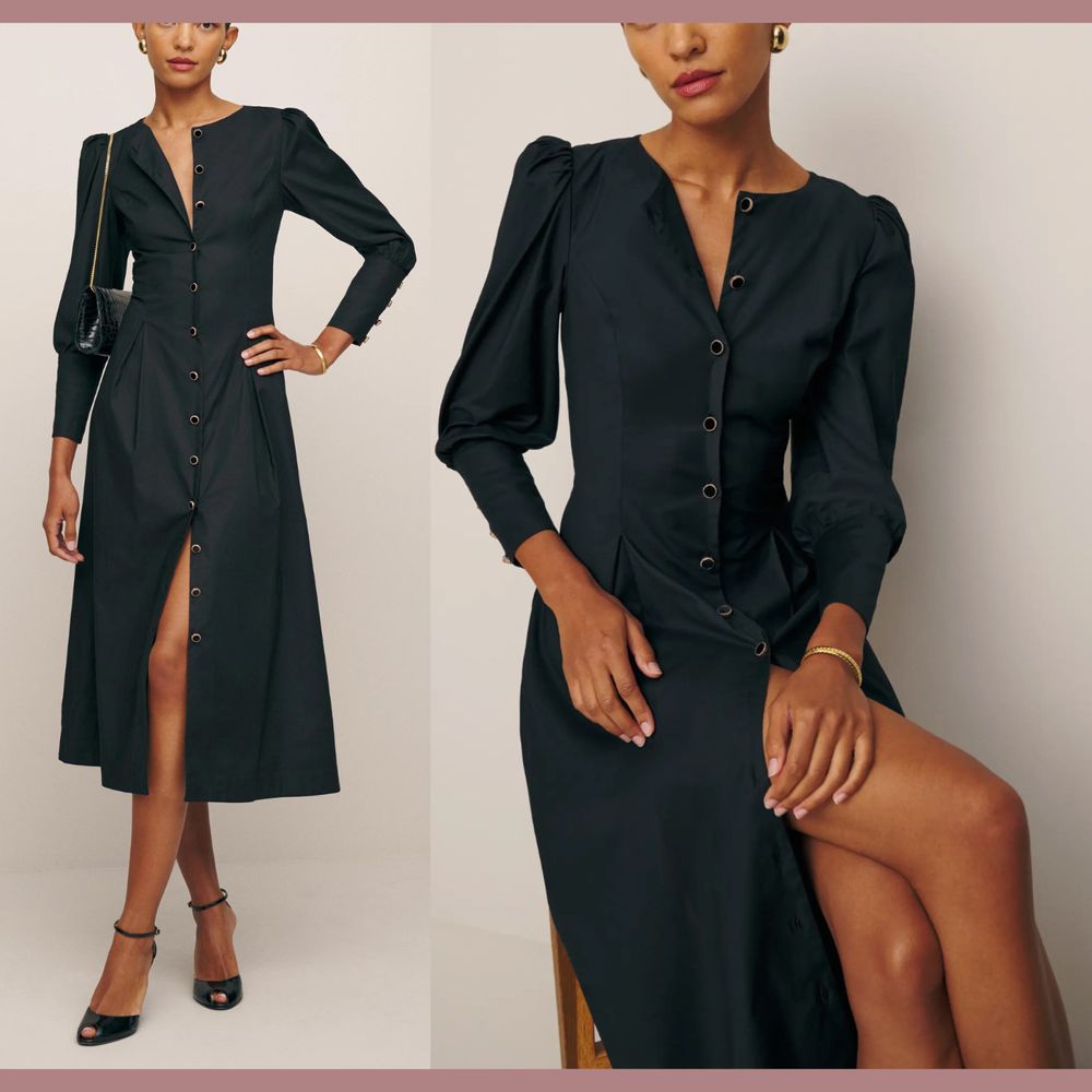 Nwt $278 Reformation [ 2 ] Halia Long Sleeve Button-Up Dress In Black